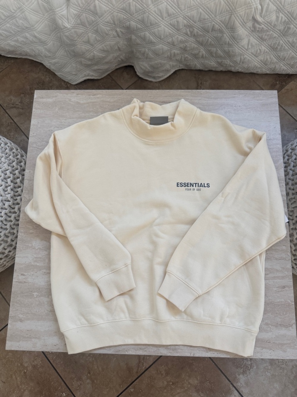 ESSENTIALS Men’s Cream Crewneck Pullover with Subtle Logo